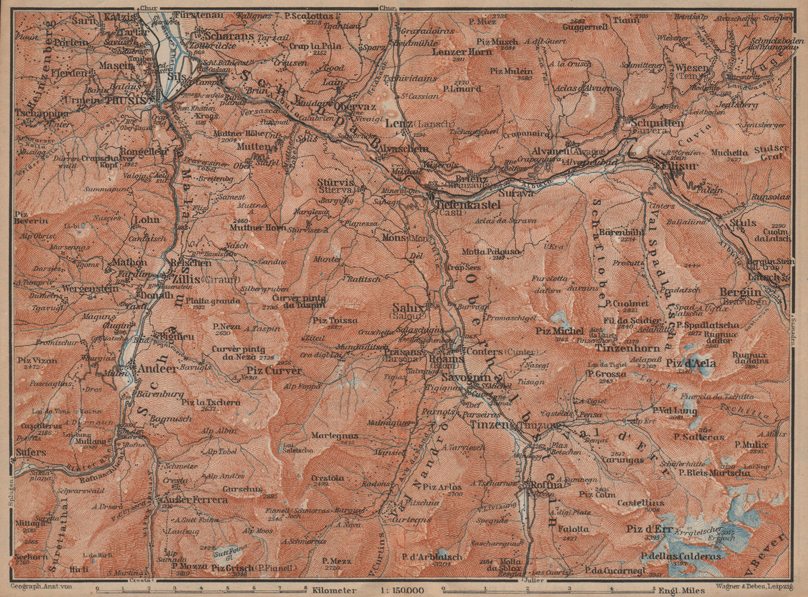 ALBULA ALPS. Thusis Tiefenkastel Savognin Piz Ela/d'Err/Calderas Salux 1907 map